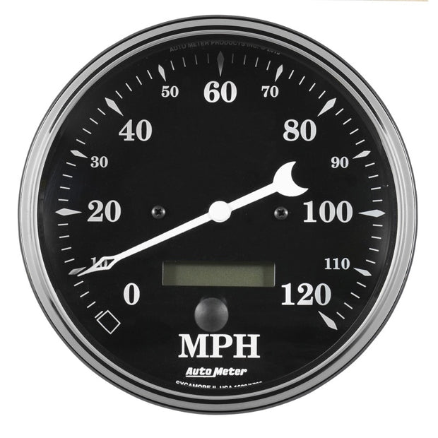 Auto Meter Gauge Speedo. 5in 120mph Elec. Prog. w/ LCD Odo Old Tyme Black