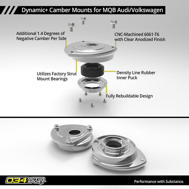 034Motorsport Dynamic+ Camber Mount Pair, MkVII Volkswagen Golf/GTI/R & 8V/8S Audi A3/S3/RS3, TT/TTS/TTRS (MQB)